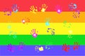 Colorful handprints by kids Royalty Free Stock Photo