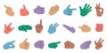 Colorful hands collection. Human arm and hand gestures, people gestures with fingers, point, shake, fist and hand sign. Vector