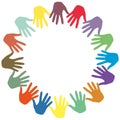 Colorful hands palms in circle shaped. Team, friendship, charity, volunteering, help, community support and social care Royalty Free Stock Photo