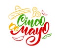 Colorful Handwritten calligraphic type lettering of Cinco De Mayo with hand drawn sombrero, maracas and pepper