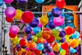 Colorful hanging balloon balls at Ghirardelli Square close up