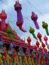 Colorful hanging lanterns decorated inside Thai temples
