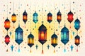 Colorful hanging lanterns with stars, suitable for festive background. Card for an Islamic holiday.