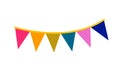 Colorful hanging paper flags on white background, decor items for party, festival, celebrate event. Royalty Free Stock Photo