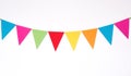 Colorful hanging paper flags on white wall background, decor items for party, festival, celebrate event Royalty Free Stock Photo