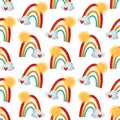 Seamless baby pattern with rainbows, clouds and the sun