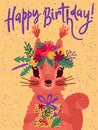 Colorful Happy Birthday Card With Cute Squirrel, Flower Wreath And Gift. Vector Illustration