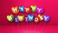 Colorful happy birthday heart shape air balloons on a pink background scene. Horizontal Banner Royalty Free Stock Photo