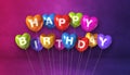 Colorful happy birthday heart shape air balloons on a purple background scene. Horizontal Banner Royalty Free Stock Photo