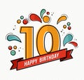 Colorful happy birthday number 10 flat line design