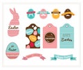 Colorful Happy Easter collection of icons with rabbit, bunny, eggs and banners