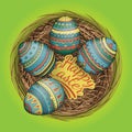 Colorful happy easter eggs set in nest, vector illustration.