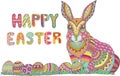 Colorful Happy Easter greeting card with colorful easter eggs and bunny