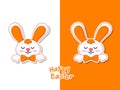 Colorful Happy Easter greeting card with cute cartoon bunny. Vector illustration decorative element on Easter Day