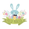 Colorful Happy Easter greeting card with flowers eggs and rabbit Bunny vector Title in Spanish Royalty Free Stock Photo