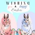 Colorful Happy Easter greeting card with rabbit, bunny, eggs and banners Royalty Free Stock Photo