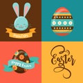 Colorful Happy Easter greeting card with rabbit, bunny, eggs and banners Royalty Free Stock Photo