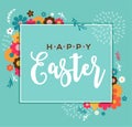 Colorful Happy Easter greeting card with rabbit, bunny, eggs and banners