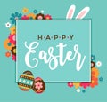 Colorful Happy Easter greeting card with rabbit, bunny, eggs and banners Royalty Free Stock Photo