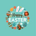 Colorful Happy Easter greeting card with rabbit, bunny and text Royalty Free Stock Photo