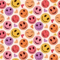 Cute colorful smiley faces and hearts seamless pattern in orange, yellow, pink and purple.