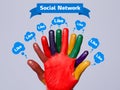 Colorful happy finger smileys with social network sign and like Royalty Free Stock Photo