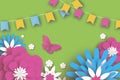 Colorful Happy Floral Greeting Card. Paper cut Flowers, Butterfly. Origami flower. Flag garland. Spring blossom