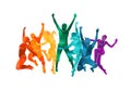 Colorful happy group people jump illustration silhouette. Cheerful man and woman isolated. Jumping fun friends background. Express Royalty Free Stock Photo