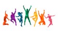 Colorful happy group people jump illustration silhouette. Cheerful man and woman isolated. Jumping fun friends background. Express Royalty Free Stock Photo