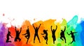 Colorful happy group people jump illustration silhouette. Cheerful man and woman isolated. Jumping fun friends background. Express Royalty Free Stock Photo