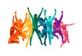 Colorful happy group people jump illustration silhouette. Cheerful man and woman isolated. Jumping fun friends background. Express Royalty Free Stock Photo