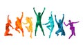 Colorful happy group people jump illustration silhouette. Cheerful man and woman isolated. Jumping fun friends background. Express Royalty Free Stock Photo