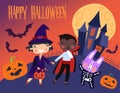 Colorful Happy Halloween card or poster vector design with two young children in fancy dress, trick-or-treating at night