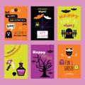 Colorful Happy Halloween kids invitation cards set with beautiful cute cartoon icons