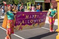 Colorful Happy Halloween sign in Sesame Street Party Parade at Seaworld.