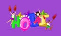 Colorful Happy Holi Font with Cartoon Portrait of Teenager Girls Playing Colors on Light Purple Background. Indian Festival Royalty Free Stock Photo