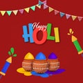Happy Holi Font with Mud Pots Full Of Powder Colors , Water Guns and Bunting Flags Decorated Brown