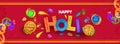 Colorful Happy Holi Font with Top View of Indian Sweets, Color Powder Mud Pot, Hand Prints on Floral Pink Background