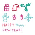 Colorful Happy New Year greeting card with icons of a gift, hat, snowman, snowflake