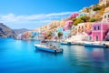 The colorful harbors of Symi greek landscape background