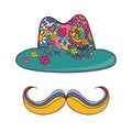 Colorful hat and mustache isolated on white. Drawing by hand.