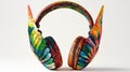 Colorful headphones with a butterfly wing design on white background