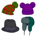 Colorful Headwears doodle cartoon style. Set of different hat with pom pom, hat with ear flaps, funny hat with two pom