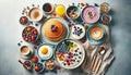 Colorful and healthy breakfast spread with pancakes, yogurt with granola and berries, a smoothie bowl, and coffee Royalty Free Stock Photo