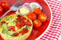 Colorful Healthy lunch. Quiche, cheese, tomatoes, red onion.