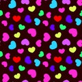 Colorful heart random size seamless pattern on dark background vector. Neon vibrant color, minimalist style.