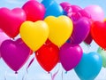 Colorful heart shape balloons,many colored balloons in the shape of hearts on the background of the sky, generative ai Royalty Free Stock Photo