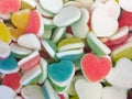 Colorful Heart shape Jelly Candy bonbon snack group. sweet for valentines day background. pastel color red blue green yellow pink