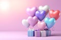 Colorful heart shaped balloons and gift boxes flying on pink background for pride parade celebration