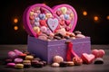 Colorful heart shaped box full of candies and macaroons, whimsical gift box, complete with a hidden compartment filled with a